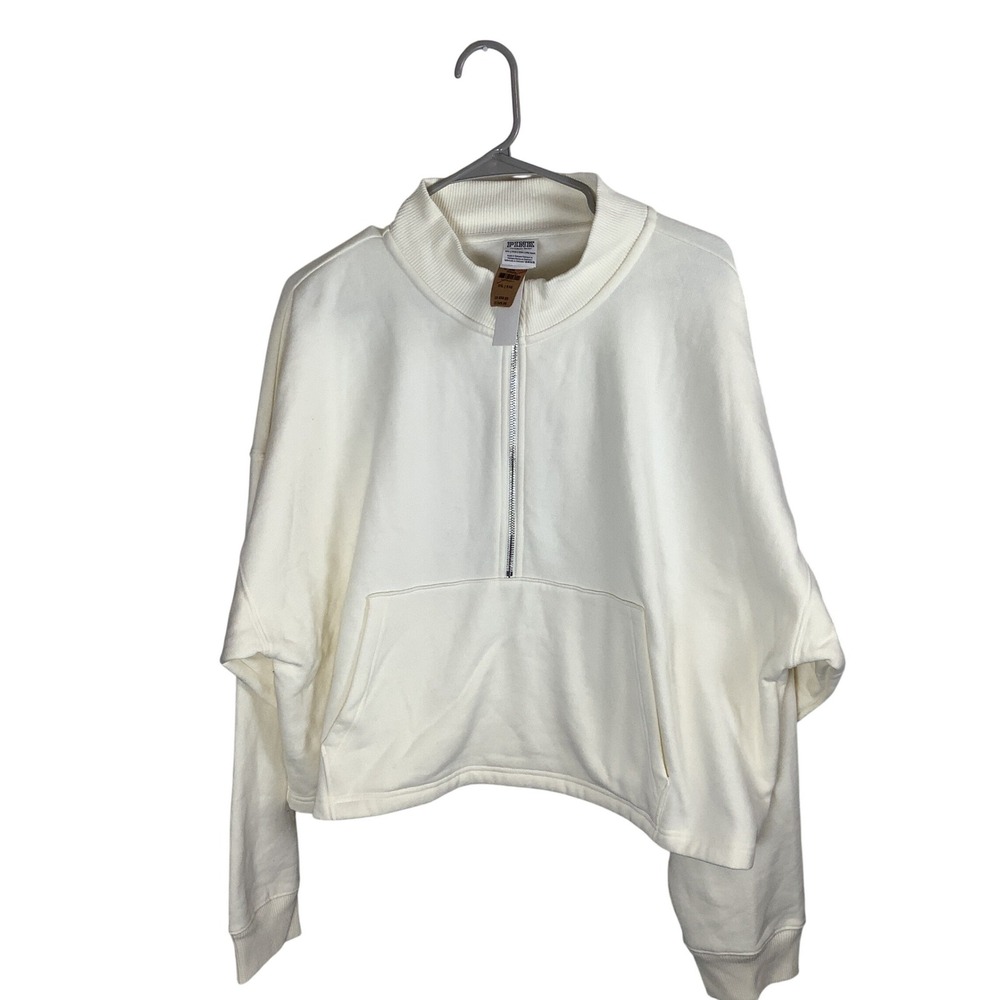 PINK Victorias Secret Womens XXL Cream White Half Zip Oversized Cropped Pullover